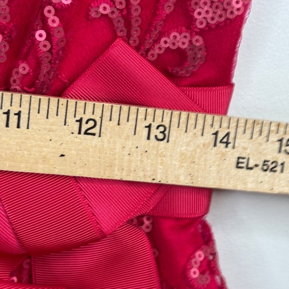 TADASHI SHOJI Red Lace Dress 6 Illusion Neck Sequin Bow Holiday Christmas Formal - Picture 15 of 16